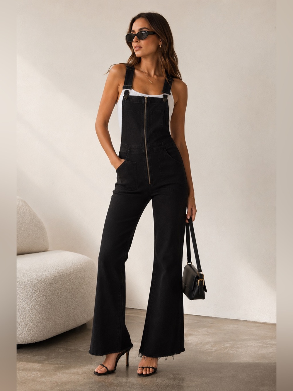 Citizens of Humanity Olivia Black Zip Front Flare Raw Hem Denim Overalls